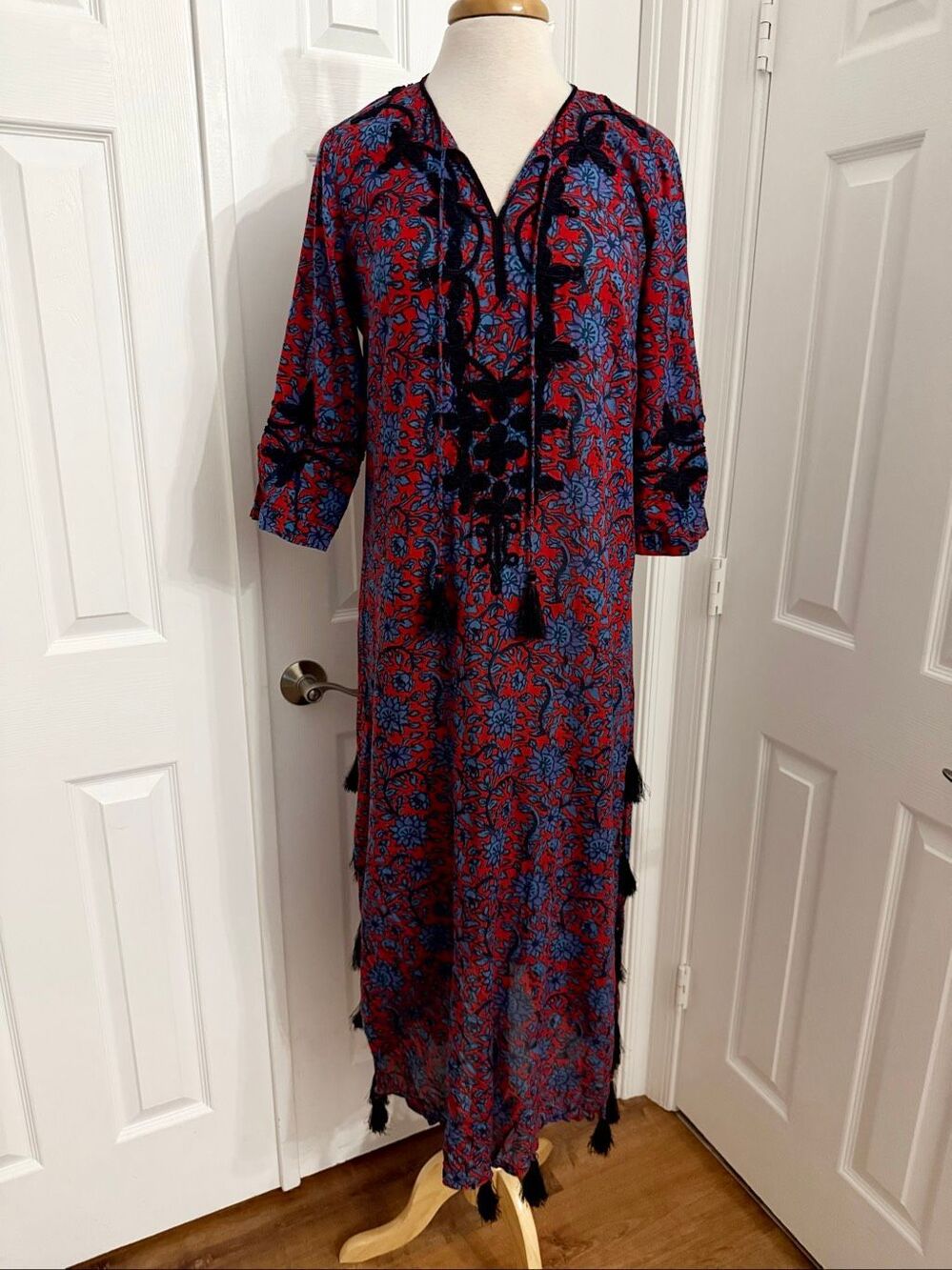 Roller Rabbit Punta Long Kurta Lorien Floral Embroidered Tassel Tunic Dress S